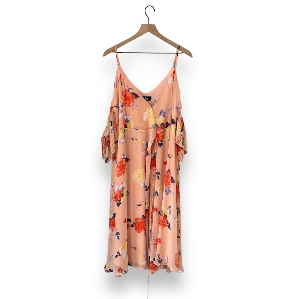 LULU's Heart's Delight Peach Floral Print Cold-Shoulder Wrap Dress L - Picture 5 of 7